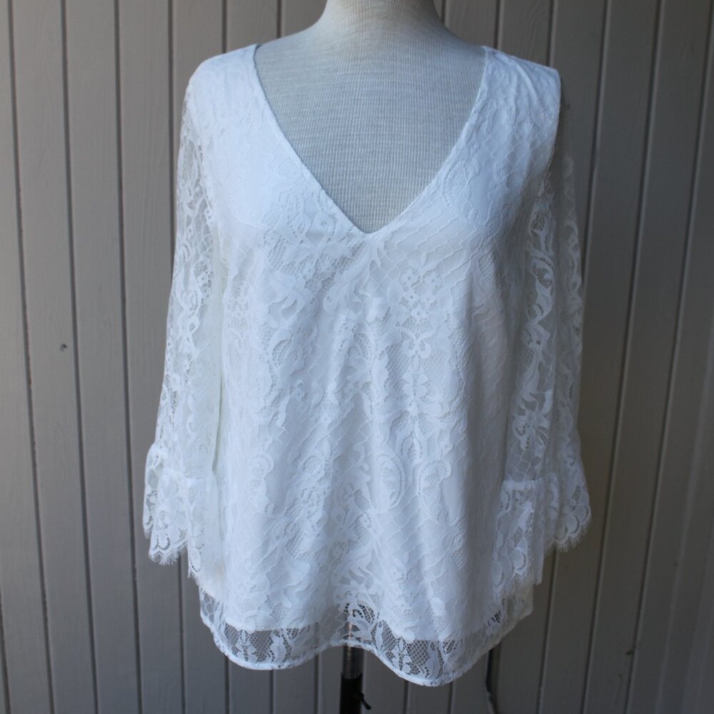 Modcloth Lace Blouse White Bell Sleeves V-Neck Cottagecore 70's Style Boho M
